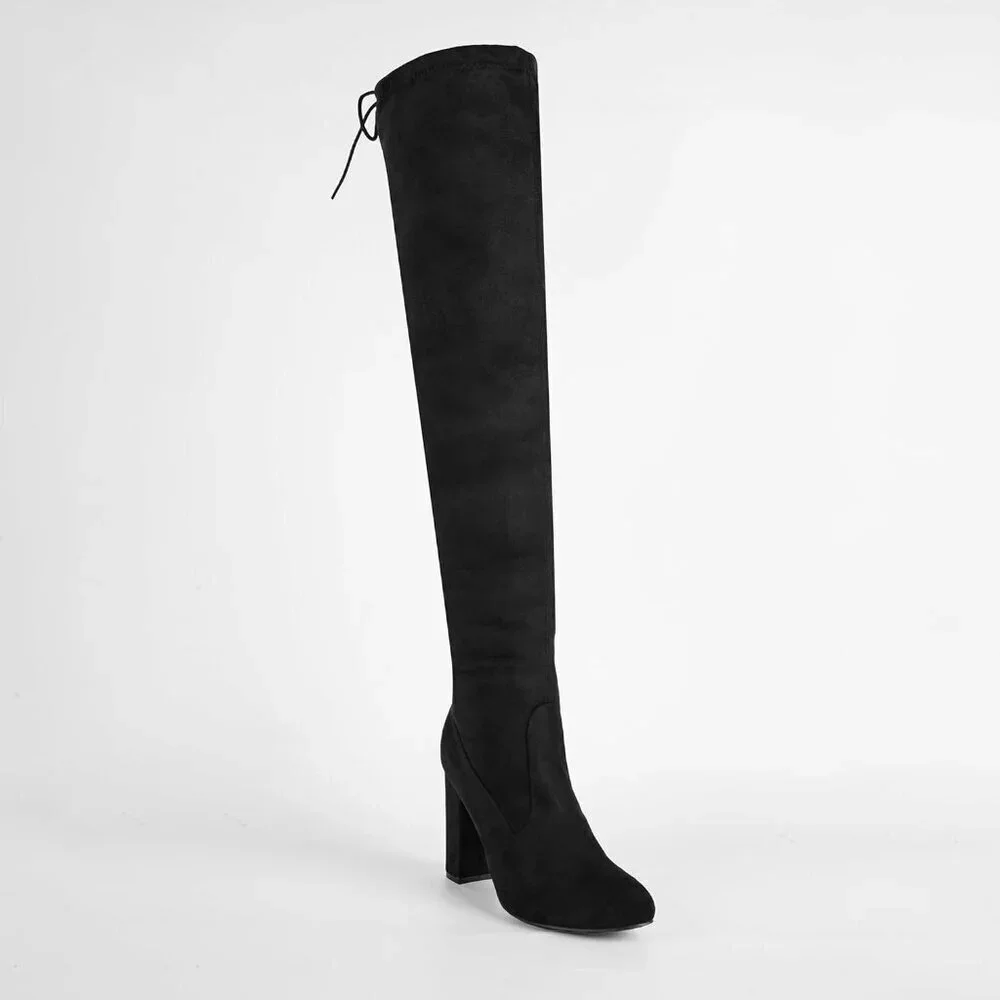Women's Microfiber Thigh High Block Stiletto Heel Over The Knee Rounded Toe Boot